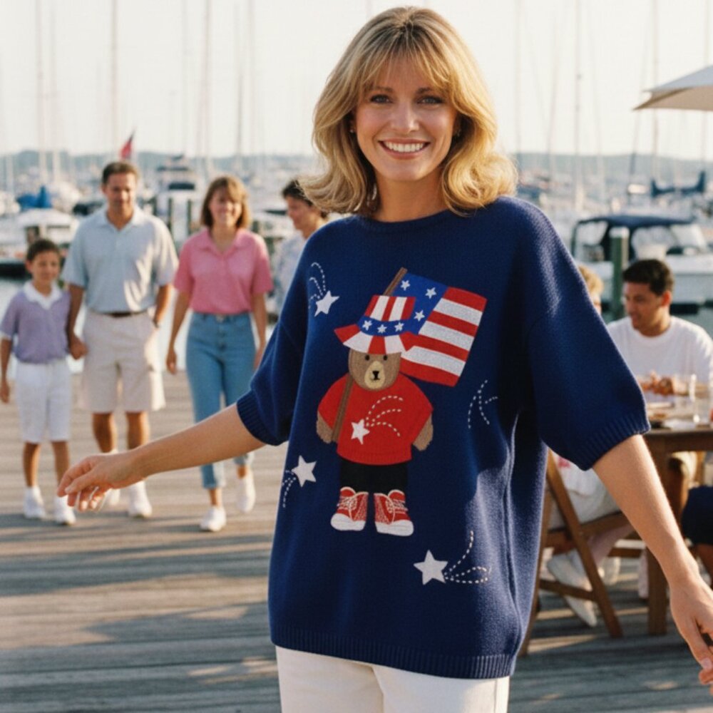 Gladys Bagley Womens Blue Patriotic Bear Sweater Size L 90s Vintage Americana